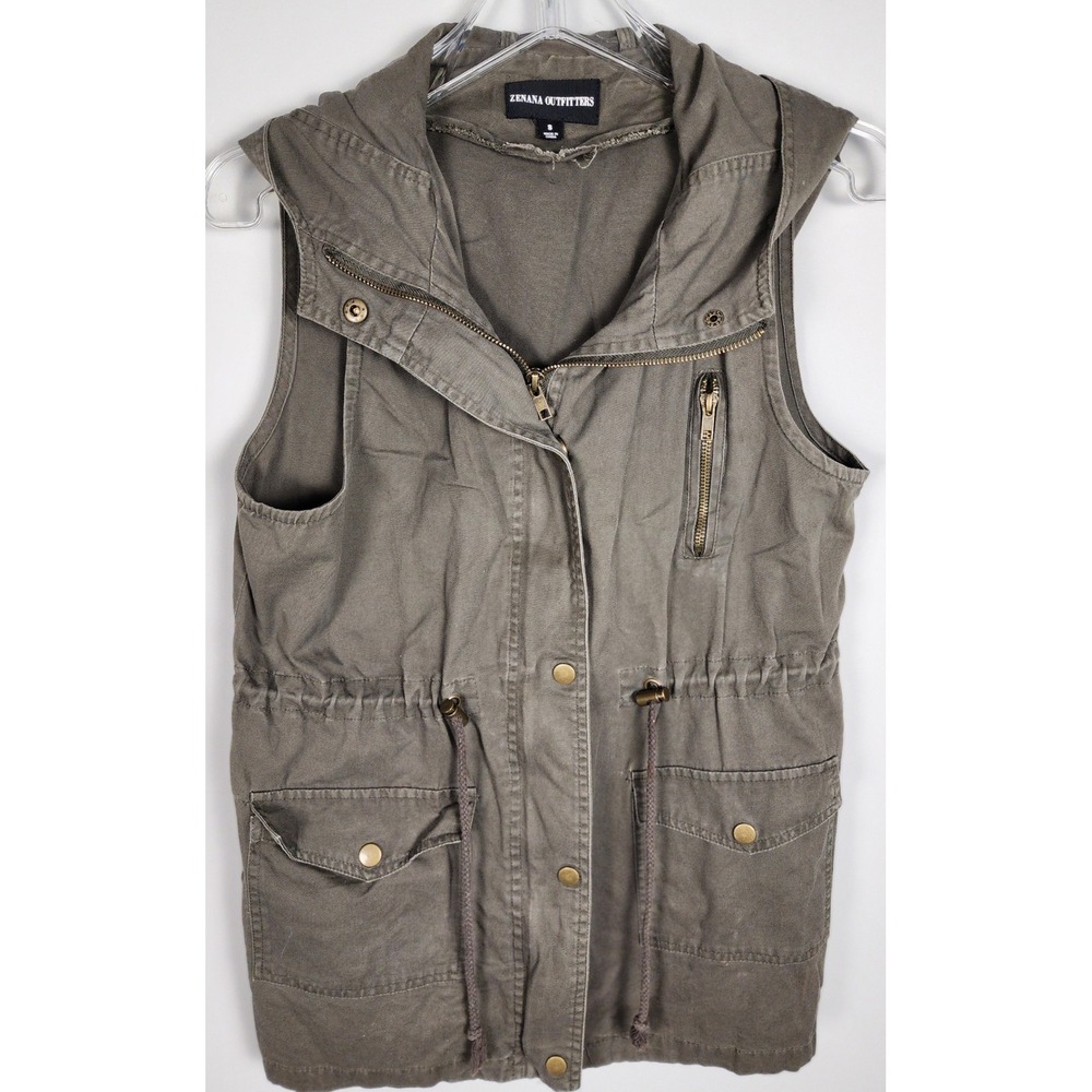 Zenana Outfitters Womens Olive Green Hooded Vest Size S‎ Zip Pockets Drawstring